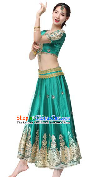 Indian Bollywood Dance Dress Belly Dance Clothing Asian Performance Costume Embroidered Green Blouse and Skirt