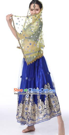 Asian Belly Dance Performance Costume Embroidered Royalblue Blouse and Skirt Indian Bollywood Dance Dress Clothing