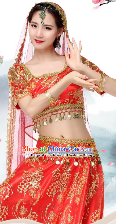 Asian Bollywood Performance Costume Embroidered Red Blouse and Skirt Indian Dance Dress Clothing