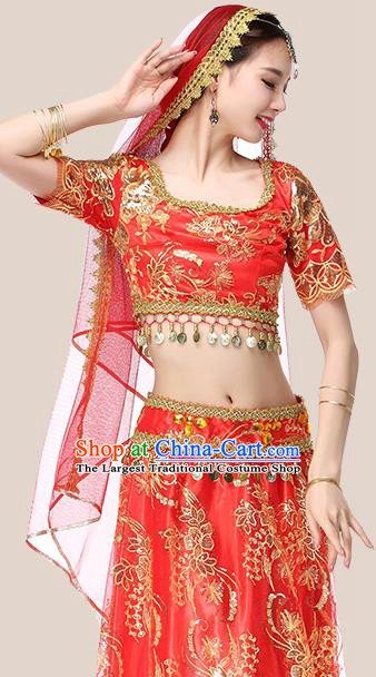 Asian Bollywood Performance Costume Embroidered Red Blouse and Skirt Indian Dance Dress Clothing