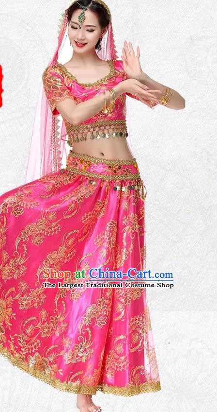 Indian Dance Dress Clothing Asian Bollywood Performance Costume Embroidered Rosy Blouse and Skirt