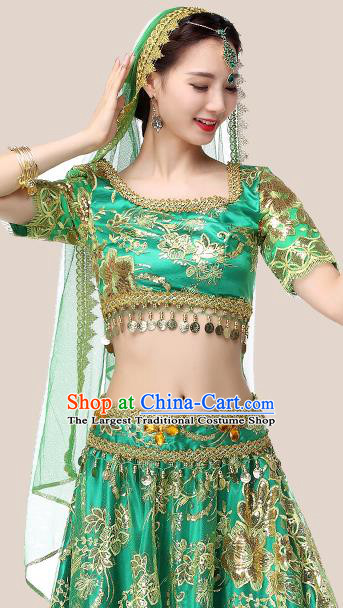 Indian Embroidered Green Blouse and Skirt Traditional Dance Dress Clothing Asian Bollywood Performance Costume