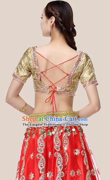 Indian Belly Dance Costume Golden Top and Red Skirt Asian Traditional Bollywood Performance Dress