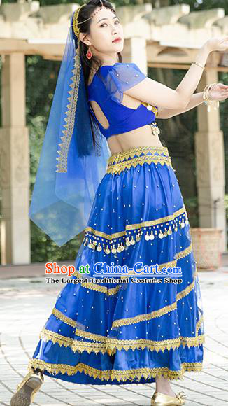 Indian Dance Performance Top and Skirt Belly Dance Royalblue Uniforms Asian Bollywood Jasmine Princess Clothing