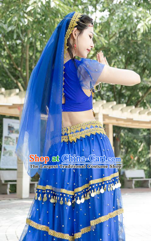 Indian Dance Performance Top and Skirt Belly Dance Royalblue Uniforms Asian Bollywood Jasmine Princess Clothing