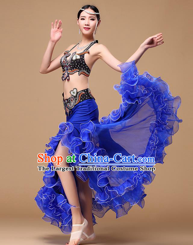 Asian Oriental Dance Clothing Indian Traditional Stage Performance Black Bra and Royalblue Fishtail Skirt Belly Dance Uniforms