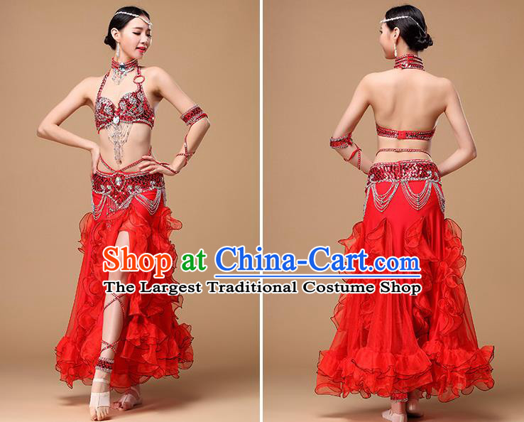 Indian Performance Beads Tassel Bra and Skirt Traditional Belly Dance Red Uniforms Asian Oriental Dance Costumes