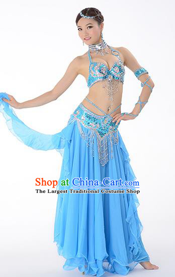 Traditional Indian Belly Dance Performance Blue Uniforms Asian Oriental Dance Dress Costume