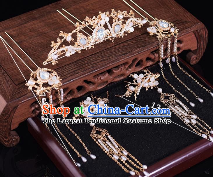 Chinese Bride Headdress Traditional Wedding Hair Accessories Classical Xiuhe Suit Hair Comb and Tassel Hair Claws