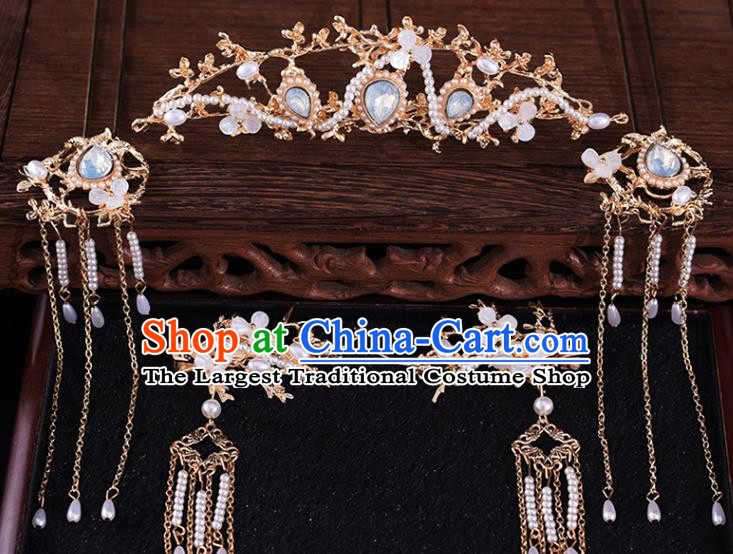 Chinese Bride Headdress Traditional Wedding Hair Accessories Classical Xiuhe Suit Hair Comb and Tassel Hair Claws