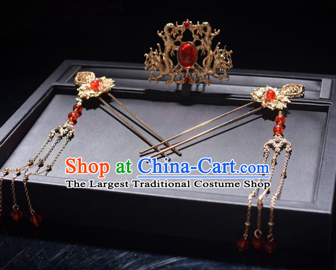 Chinese Classical Tang Dynasty Hair Comb and Tassel Hairpins Bride Headdress Traditional Wedding Hair Accessories
