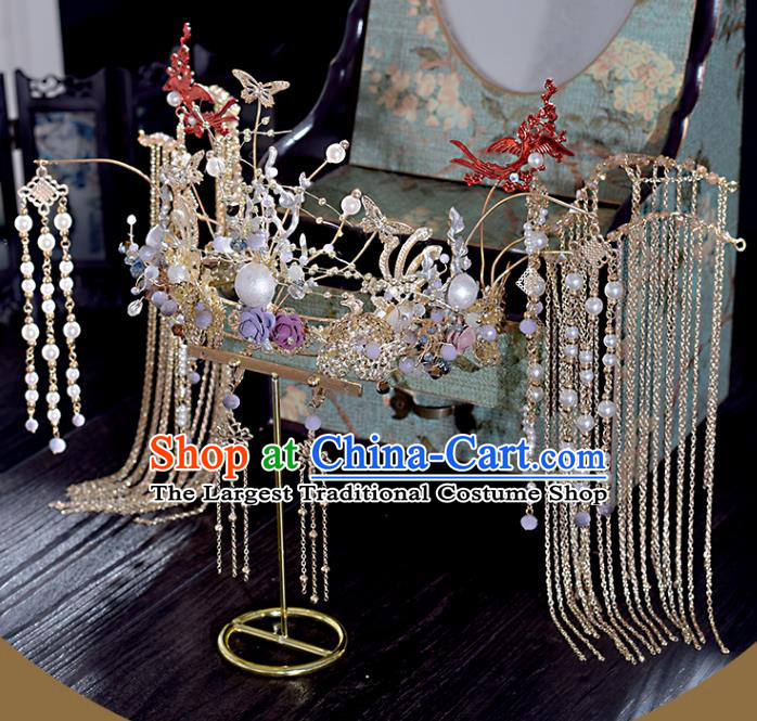 Chinese Classical Tassel Phoenix Coronet Bride Headdress Traditional Wedding Hair Accessories Xiuhe Suit Hair Crown