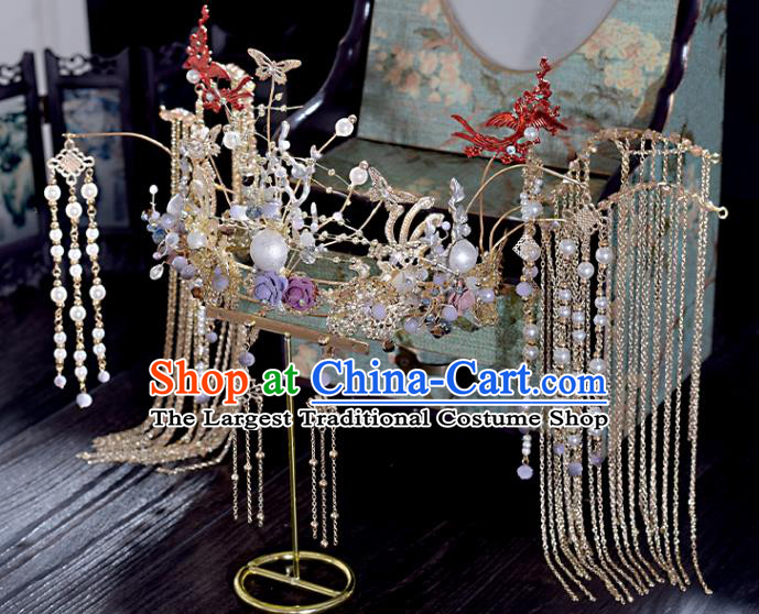 Chinese Classical Tassel Phoenix Coronet Bride Headdress Traditional Wedding Hair Accessories Xiuhe Suit Hair Crown