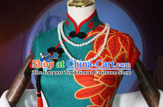 China Traditional Green Qipao Dress Garment Cosplay Game Young Beauty Clothing