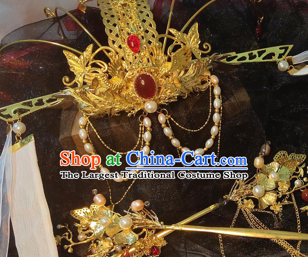 Chinese Ancient Swordswoman Wedding Hair Accessories Traditional Jin Dynasty Princess Golden Phoenix Coronet Headdress