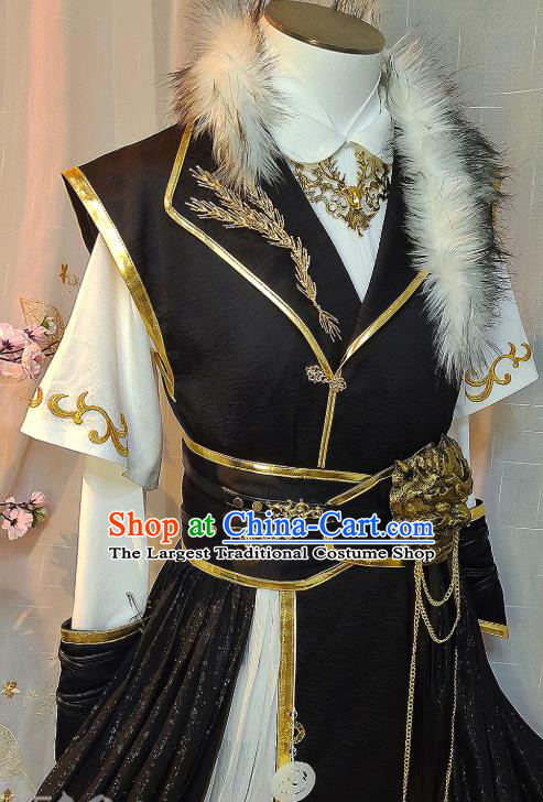 Chinese Ancient Swordsman Black Clothing Cosplay Young Hero Apparels Qin Dynasty Knight Garment Costumes