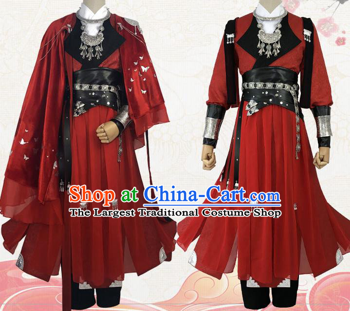 Chinese Cosplay Chivalrous Male Red Apparels Tang Dynasty Swordsman Garment Costumes Ancient Knight Clothing