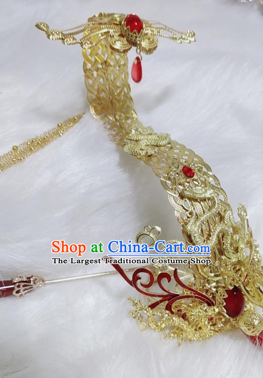 Chinese Ancient King Golden Dragon Hairdo Crown Hair Accessories Traditional Jin Dynasty Royal Highness Headwear
