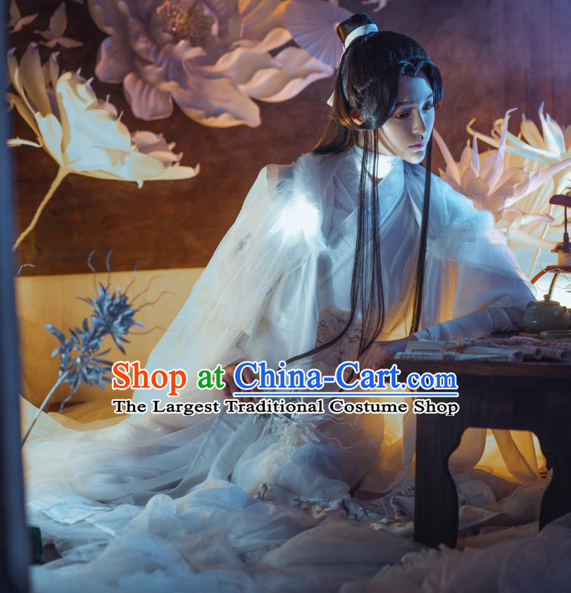 Chinese Ancient Noble Childe Garment Costumes Jin Dynasty Knight White Clothing Cosplay Swordsman Apparels