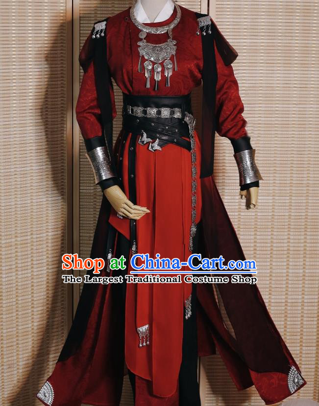 Chinese Ancient Knight Red Garment Costumes Tang Dynasty Chivalrous Male Clothing Cosplay Swordsman Hua Chen Apparels