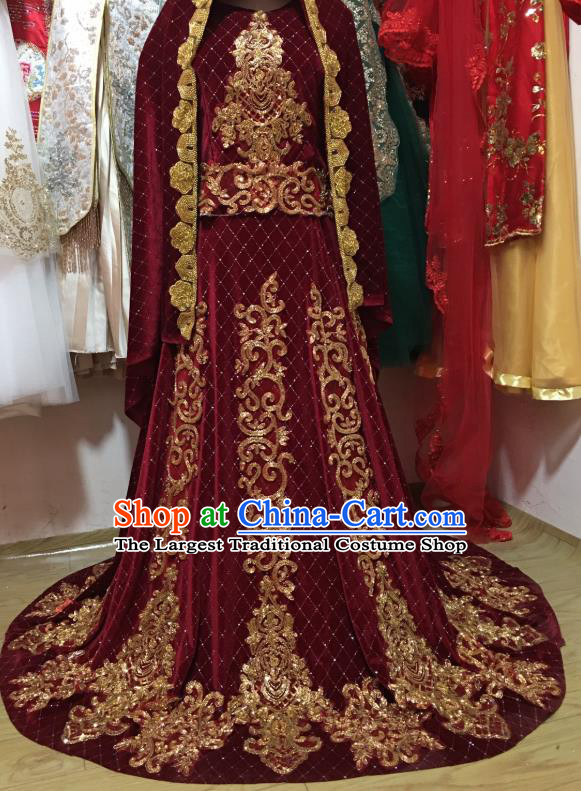 Asian India Bride Lehenga Dress Garment Indian Traditional Wedding Wine Red Velvet Clothing
