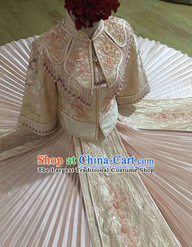 Chinese Traditional Wedding Garment Costumes Bride Pink Xiuhe Suits Hui Ethnic Woman Dress Clothing