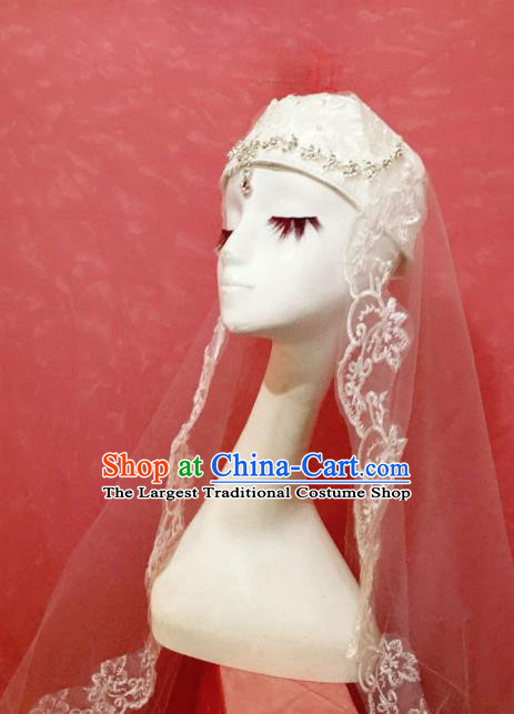 Chinese Traditional Hui Nationality Wedding Headdress Ethnic Bride Embroidered White Veil Hat