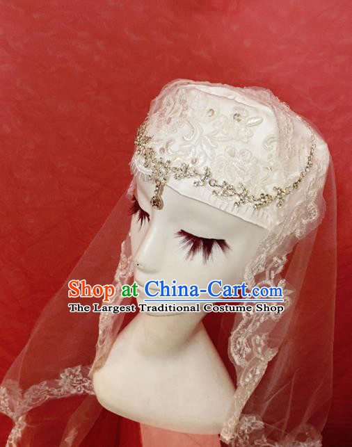 Chinese Traditional Hui Nationality Wedding Headdress Ethnic Bride Embroidered White Veil Hat