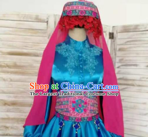 Chinese Hui Ethnic Bride Clothing Traditional Wedding Garment Costumes Classical Embroidered Royalblue Dress