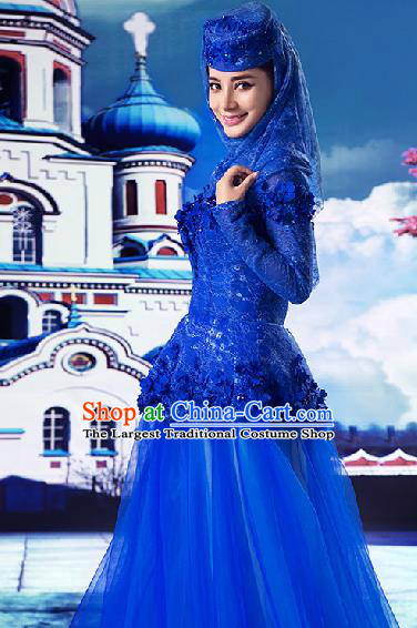 Chinese Traditional Hui Nationality Wedding Garment Costumes Ethnic Bride Clothing Classical Embroidered Blue Full Dress