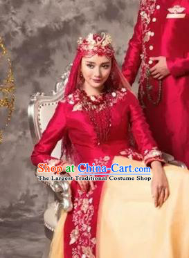 Asian India Court Bride Wine Red Dress Garment Indian Traditional Wedding Lehenga Clothing