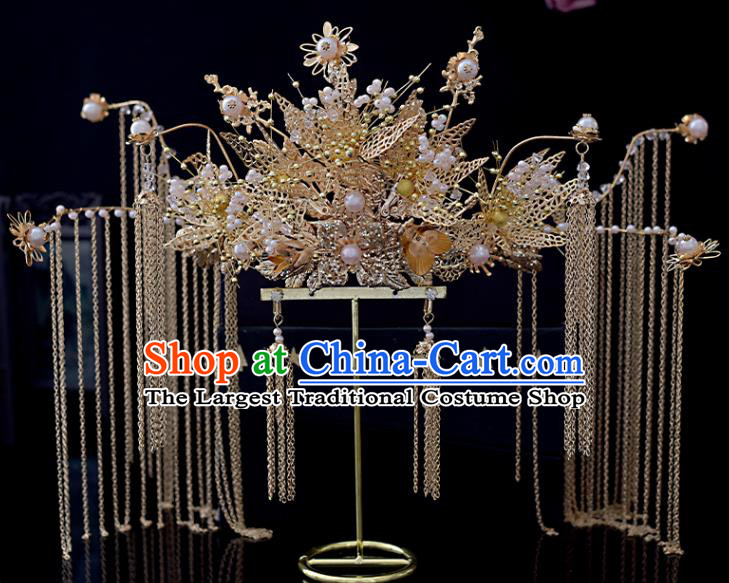 Chinese Xiuhe Suit Golden Tassel Hair Crown Classical Bride Phoenix Coronet Headdress Traditional Wedding Hair Accessories