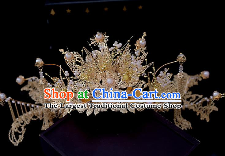 Chinese Xiuhe Suit Golden Tassel Hair Crown Classical Bride Phoenix Coronet Headdress Traditional Wedding Hair Accessories