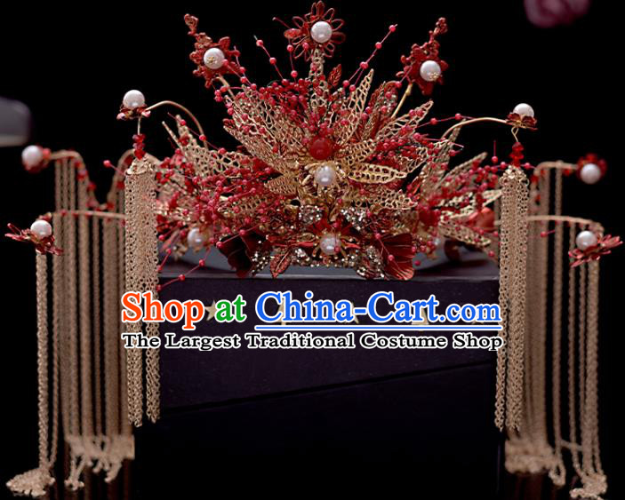 Chinese Traditional Wedding Hair Accessories Xiuhe Suit Golden Tassel Hair Crown Classical Bride Phoenix Coronet Headdress