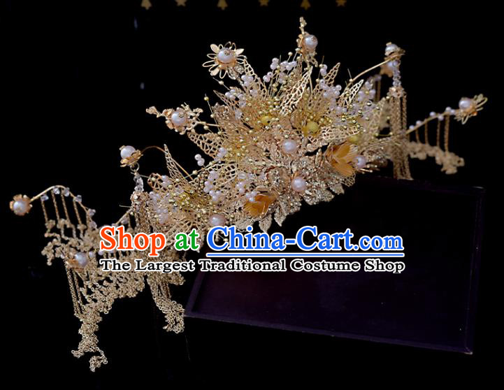 Chinese Xiuhe Suit Golden Tassel Hair Crown Classical Bride Phoenix Coronet Headdress Traditional Wedding Hair Accessories