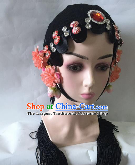 Chinese Classical Dance Hair Accessories Traditional Beijing Opera Actress Wigs and Red Hairpins Stage Performance Headdress
