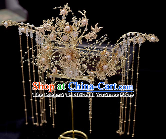 Chinese Classical Bride Phoenix Coronet Headdress Traditional Wedding Hair Accessories Xiuhe Suit Golden Hair Crown
