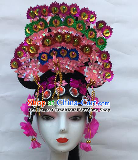 Chinese Stage Performance Headwear Folk Dance Headdress Traditional Peking Opera Wigs and Pink Hair Crown