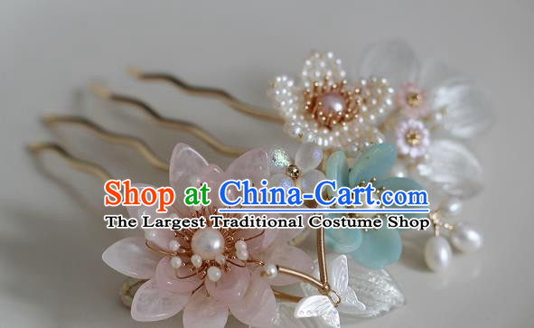 China Ming Dynasty Rose Quartz Lotus Hair Comb Traditional Hanfu Hair Accessories Ancient Princess Pearls Hairpin