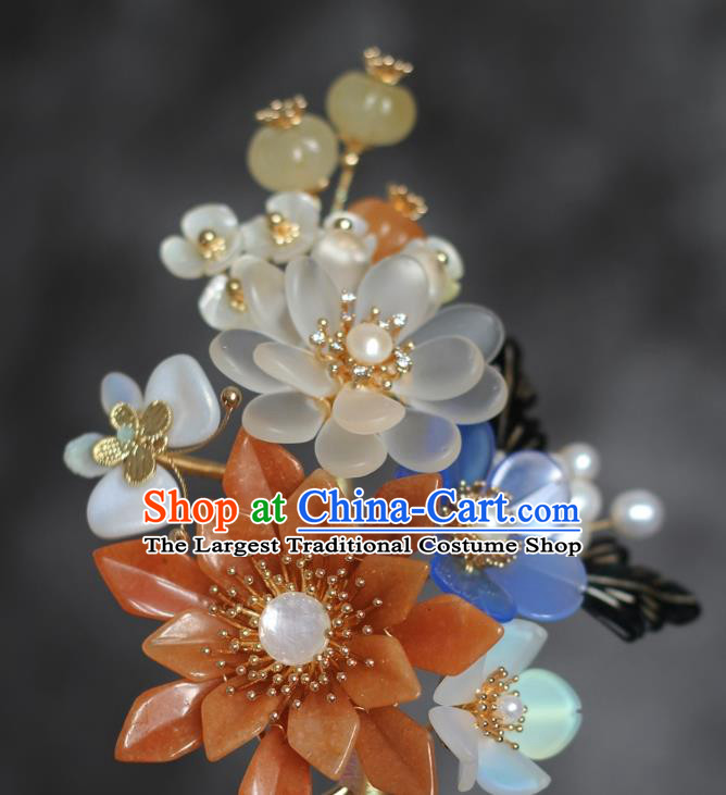 China Ming Dynasty Agate Lotus Hair Comb Traditional Hanfu Hair Accessories Ancient Princess Shell Jade Hairpin