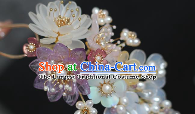 China Ming Dynasty White Chalcedony Hair Stick Traditional Hanfu Headpiece Ancient Princess Pearls Hairpin