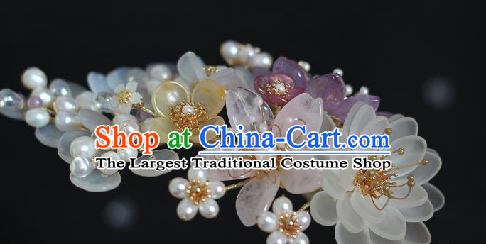 China Ming Dynasty White Chalcedony Hair Stick Traditional Hanfu Headpiece Ancient Princess Pearls Hairpin