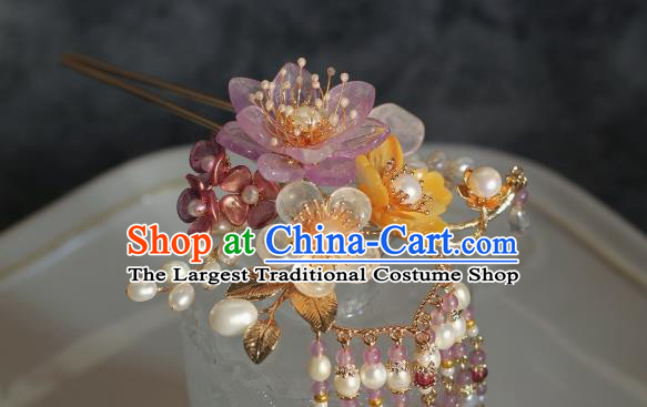 China Ancient Princess Amethyst Flower Hairpin Ming Dynasty Pearls Tassel Hair Stick Traditional Hanfu Headpiece