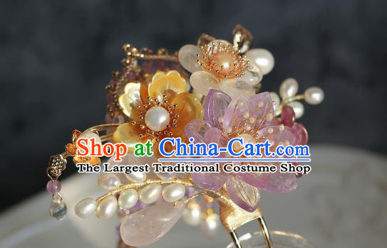 China Ancient Princess Amethyst Flower Hairpin Ming Dynasty Pearls Tassel Hair Stick Traditional Hanfu Headpiece
