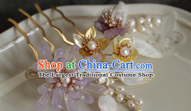 China Song Dynasty Pink Chrysanthemum Hair Comb Traditional Hanfu Headwear Ancient Princess Shell Hairpin