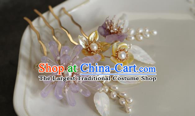 China Song Dynasty Pink Chrysanthemum Hair Comb Traditional Hanfu Headwear Ancient Princess Shell Hairpin