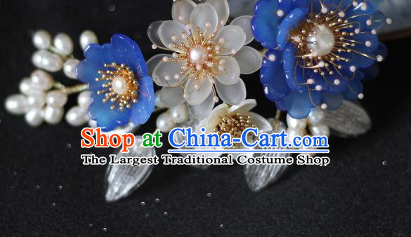 China Song Dynasty Blue Peony Hair Comb Traditional Hanfu Headwear Ancient Princess Pearls Hairpin