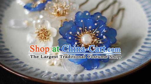 China Song Dynasty Blue Peony Hair Comb Traditional Hanfu Headwear Ancient Princess Pearls Hairpin