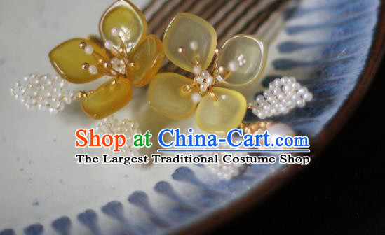China Song Dynasty Young Lady Ceregat Flowers Hair Comb Traditional Hanfu Headdress Ancient Princess Pearls Hairpin