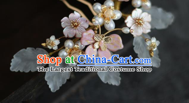 China Ancient Princess Shell Flowers Hairpin Ming Dynasty Young Lady Pearls Hair Comb Traditional Hanfu Headdress
